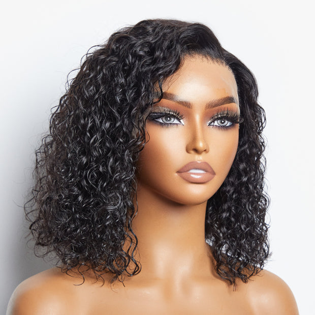 Ashine 12/14 Inches 13"x4" Natural Black Water Wavy Bob 3D Transparent Lace Frontal Wig-100% Human Hair
