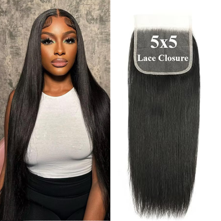 [Order Over $200] Upgrade Free Parted Lace 4x4 5x5 Closure #1B 100% Human Hair