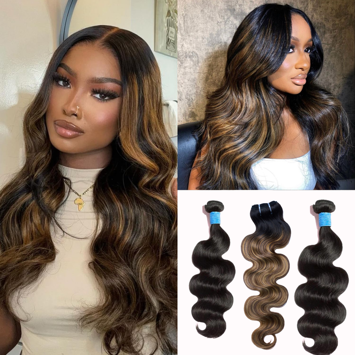 [Ashine]  #1B&T1B/P4/27 Peekaboo Highlight Hair Bundles Brazilian Colored Human Hair Body Wave 10A