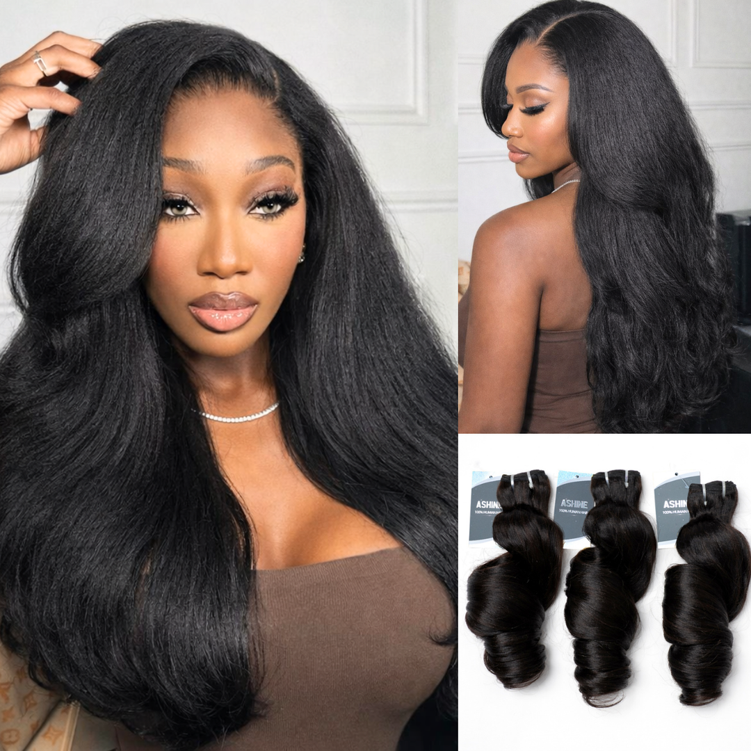 [Ashine] Premium Yaki Loose Bundles 18-22 Inch 100% Virgin Remy Human Hair Natural Blowout Texture Seamless Blend Soft & Luxury Finish