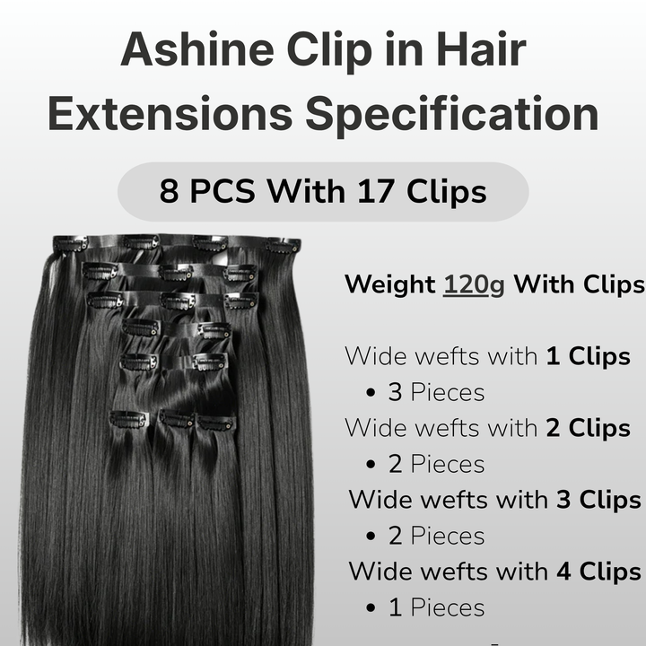 [Ashine] Clip in Hair Extensions Real Human Hair,100% Virgin Remy Human Hair Extensions for Women,1B Natural Black 8pcs Per Set with Double Weft 120g