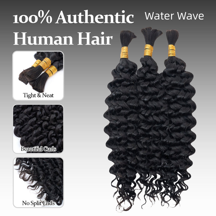 [Ashine] Water Wave Braiding Hair Bundle Bulk Human Hair 100g Extensions for Boho Braids #1B Natural Black