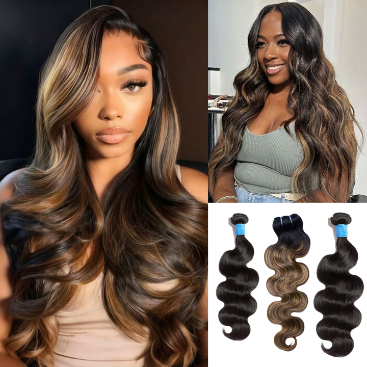 [Ashine]  #1B&T1B/P4/27 Peekaboo Highlight Hair Bundles Brazilian Colored Human Hair Body Wave 10A