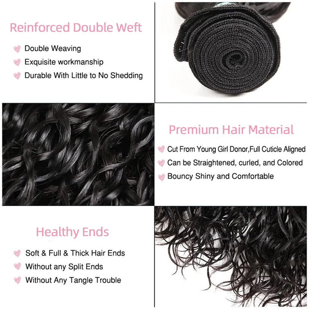 [Ashine] Water Wave Bundles Human Hair 10A Brazilian Virgin Curly Human Hair Bundles Double Weft Bundles Natural Black Color Wet and Wavy Hair Extensions