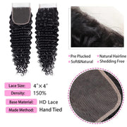 Ashine 4x4 Deep Wave Lace Closure Human Hair 14-18 Inch HD Lace Free Part Closure 100% Brazilian Virgin Human Hair Extensions Lace Closure Pre Plucked