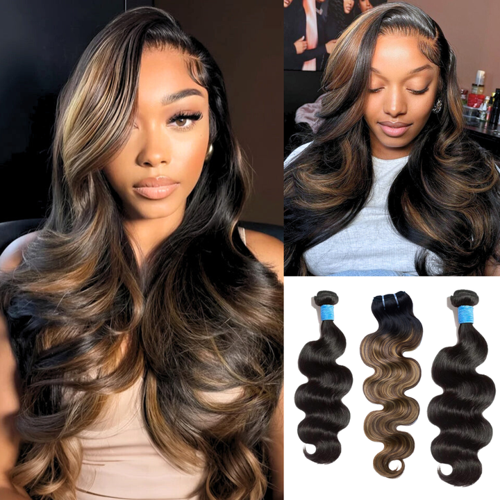 [Ashine]  #1B&T1B/P4/27 Peekaboo Highlight Hair Bundles Brazilian Colored Human Hair Body Wave 10A