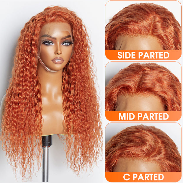 Ashine 24 Inches Ginger 13"x4" Lace Front Water Wavy Wig Pre-Plucked Free Part 150% Density-100% Human Hair