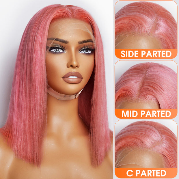 Ashine 12 Inches Pre-Plucked 13"x4" #Pink Straight Bob Lace Frontal Wig 150% Density-100% Human Hair