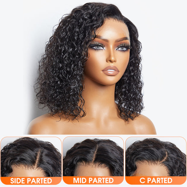 Ashine 12/14 Inches 13"x4" Natural Black Water Wavy Bob 3D Transparent Lace Frontal Wig-100% Human Hair