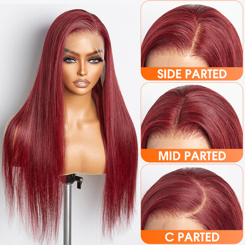 Ashine 24 Inches Burgundy 13"X4" Lace Front Straight Wig Pre-Plucked Free Part 150% Density-100% Human Hair