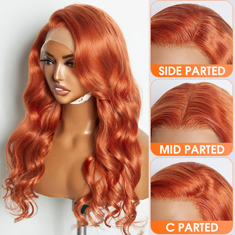 Ashine 24 Inches Ginger 13"x4" Lace Front Body Wavy Wig Pre-Plucked Free Part 150% Density-100% Human Hair