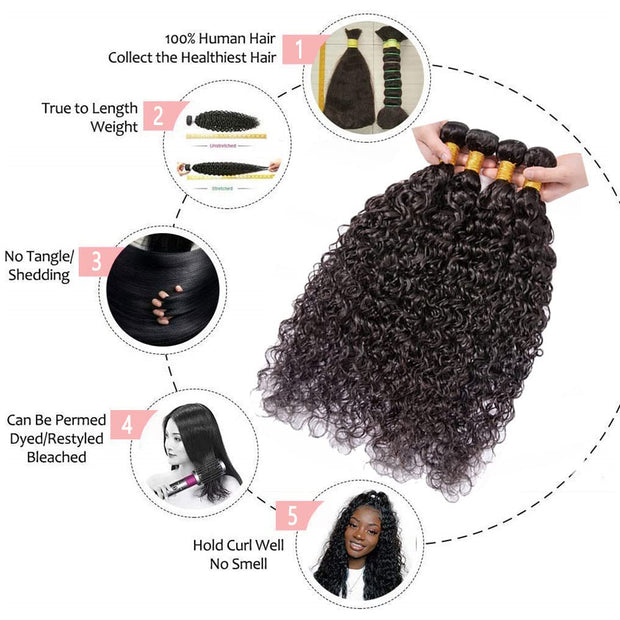 [Ashine] Water Wave Bundles Human Hair 10A Brazilian Virgin Curly Human Hair Bundles Double Weft Bundles Natural Black Color Wet and Wavy Hair Extensions