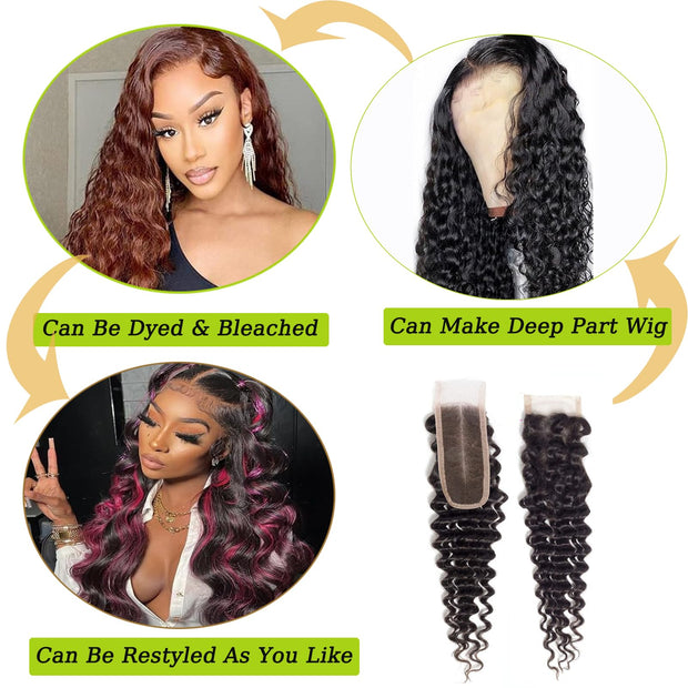 [Ashine] Upgrade Free Parted Lace Deep Wave 2x6 4x4 5x5 Closure #1B Natural Black 100% Human Hair Pre Plucked Pre Bleached Pre Cut