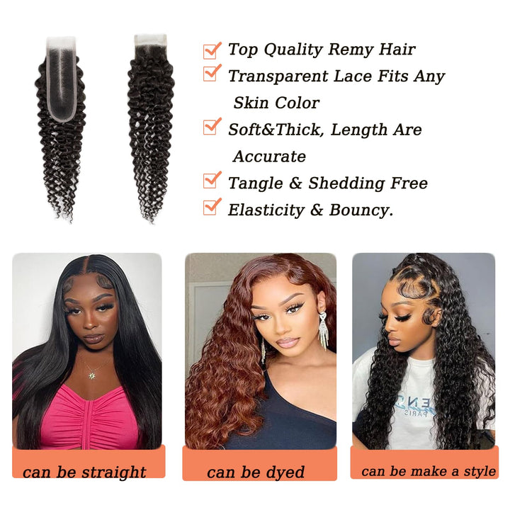 [Ashine] Upgrade Free Parted Lace Deep Curly 2x6 4x4 5x5 Closure #1B 100% Human Hair