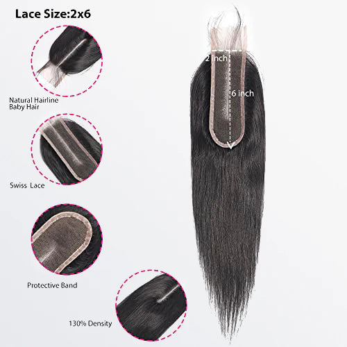 [Ashine] Upgrade Free Parted Lace 2x6 Closure #1B Natural Black 100% Human Hair Pre Plucked Pre Bleached Pre Cut