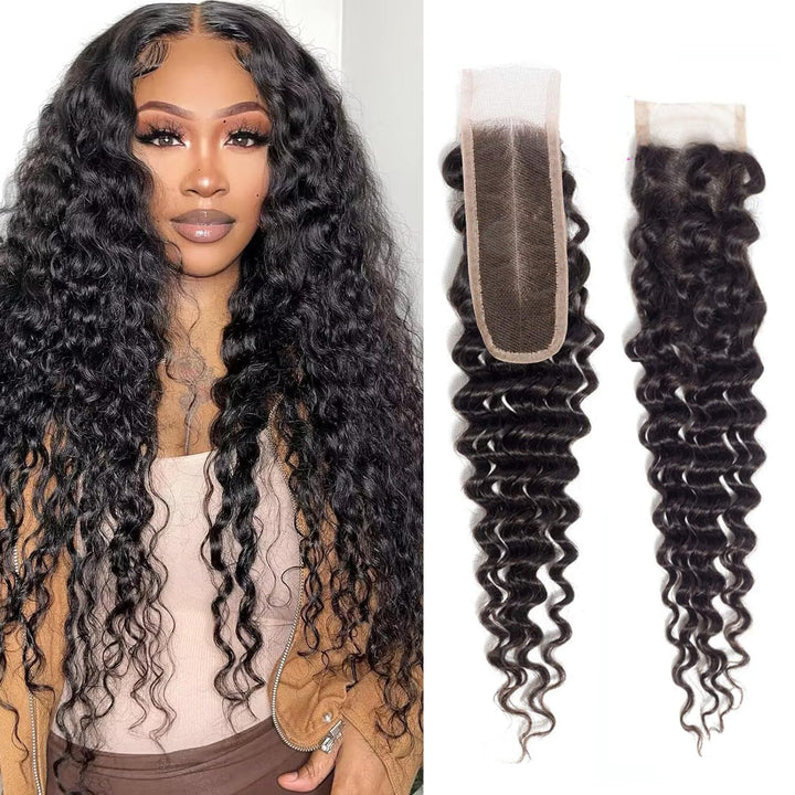 [Ashine] Upgrade Free Parted Lace Deep Wave 2x6 4x4 5x5 Closure #1B 100% Human Hair