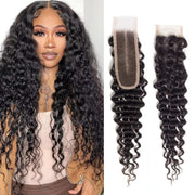 [Ashine] Upgrade Free Parted Lace Deep Wave 2x6 4x4 5x5 Closure #1B Natural Black 100% Human Hair Pre Plucked Pre Bleached Pre Cut