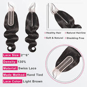 [Ashine] Upgrade Free Parted Lace Body Wave 2x6 4x4 5x5 Closure #1B Natural Black 100% Human Hair Pre Plucked Pre Bleached Pre Cut