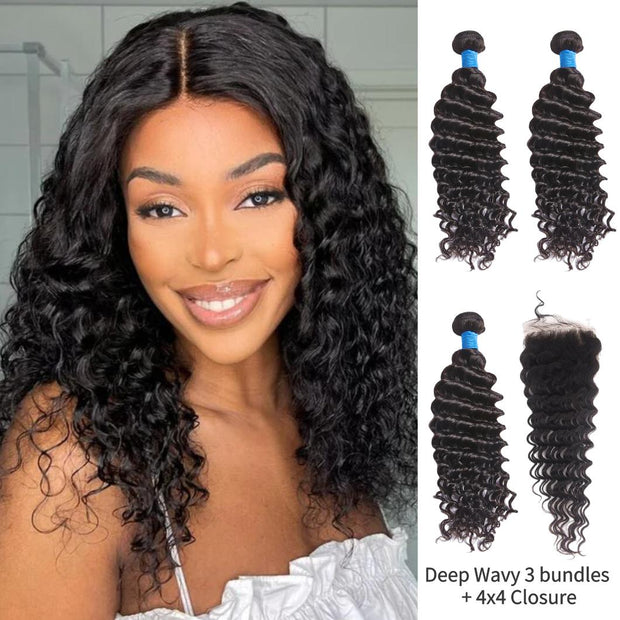 10-30 Inch Deep Wavy Virgin Brazilian Hair #1B Natural Black