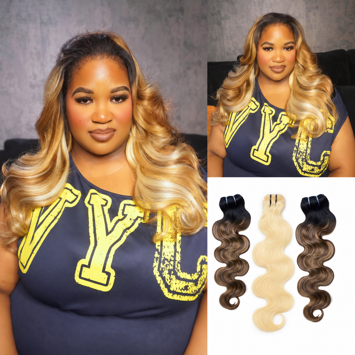  [Ashine]  #T1B/P4/27&613 Extensions Peekaboo Highlight, cheveux humains brésiliens colorés, ondulés, 10A