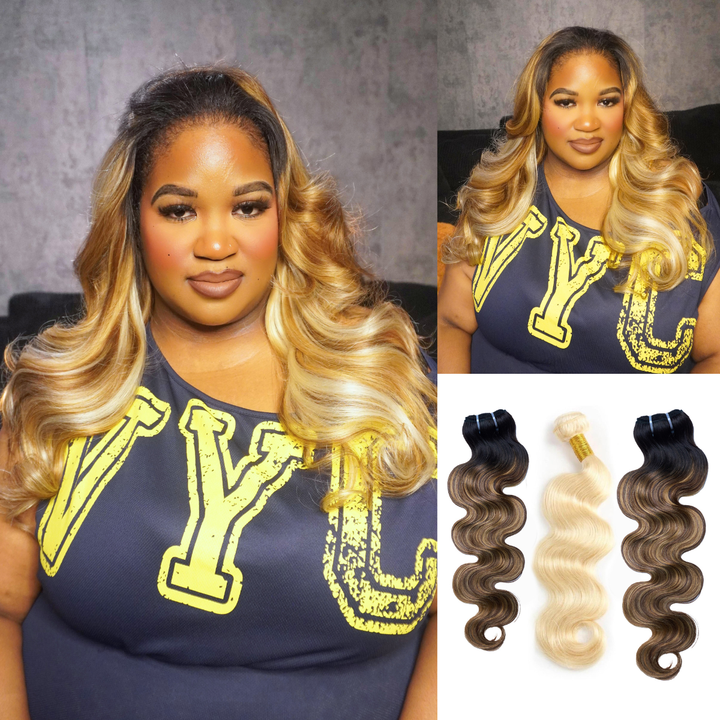 [Ashine]  #T1B/P4/27&613 Peekaboo Highlight Hair Bundles Brazilian Colored Human Hair Body Wave 10A