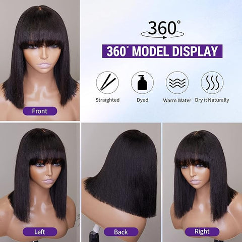 Ashine 12 Inch Realistic Yaki Straight Bob With Bangs 2x1 Minimalist Lace Wig 150% Density