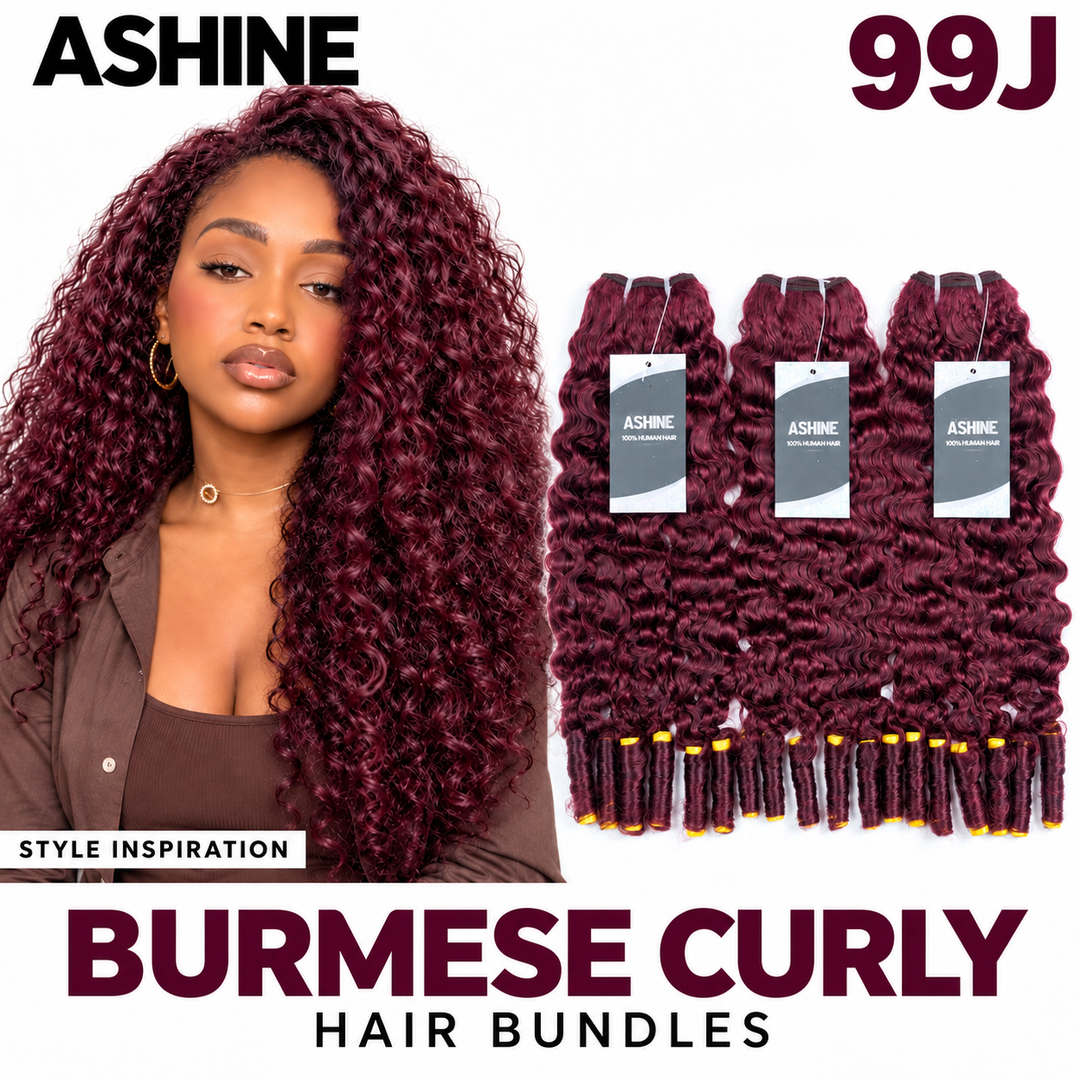 [Ashine] 99J Burmese Curly Virgin Human Hair Bundles Extension 10A