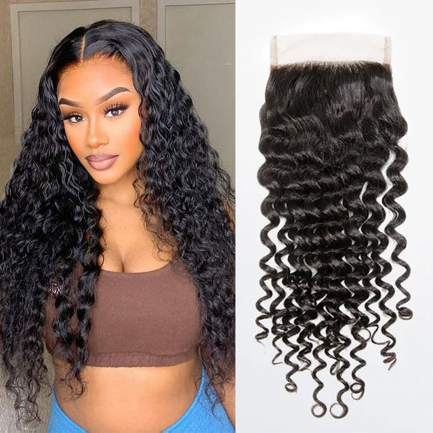 Ashine 14-18Inch 4" x 4" Deep Curly Free Parted Lace Closure #1B Natural Black