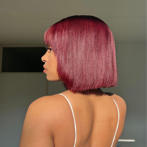 Ashine 10 Inches Reddish Purple Layered Cut Yaki Straight #99J Lace Bob Wig With Bangs