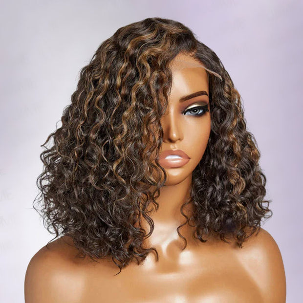 Ashine 12 Inches Blonde Highlights Curly #1B/27 HD Lace Glueless C Part Short Wig