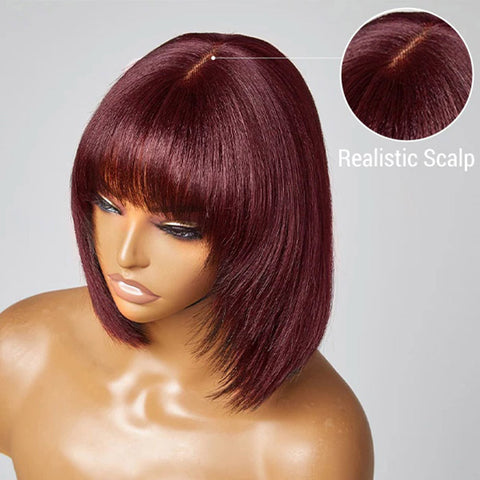 Ashine 10 Inches Reddish Purple Layered Cut Yaki Straight #99J Lace Bob Wig With Bangs