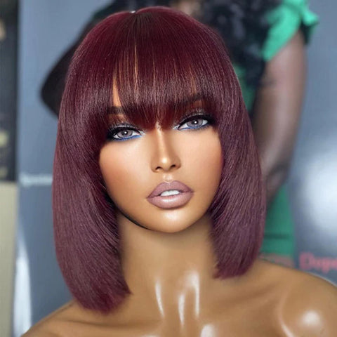 Ashine 10 Inches Reddish Purple Layered Cut Yaki Straight #99J Lace Bob Wig With Bangs