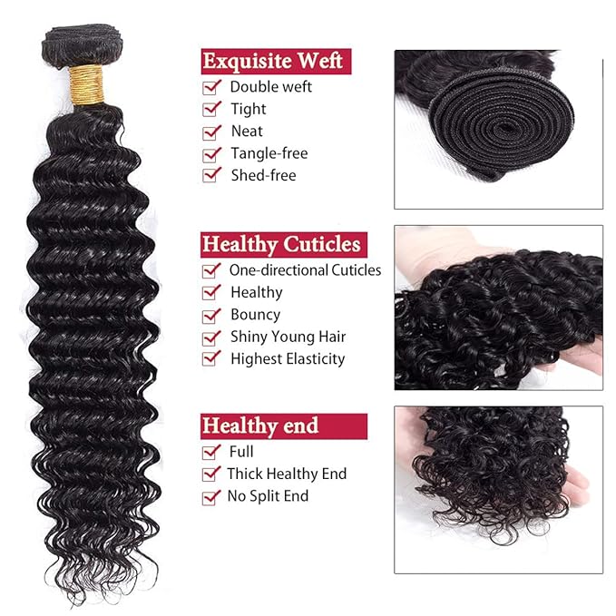 [Ashine] Jet Black Deep Wave Brazilian Remy Human Hair Bundles Hair Extensions For Women Virgin Hair Weaves Double Weft 100% Human Hair Bundles