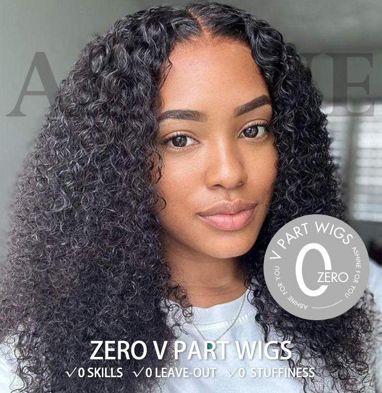 [Ashine] V Part Wigs Straight/Kinky Curly Human Hair Natural Black 150% Density No Leave Out