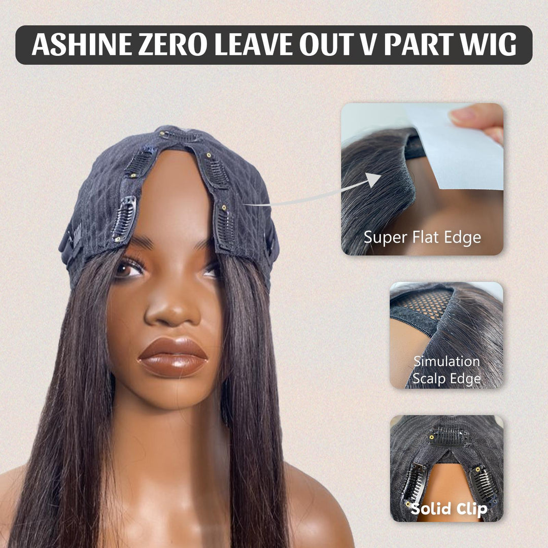 [Ashine] V Part Wigs Straight/Kinky Curly Human Hair Natural Black 150% Density No Leave Out