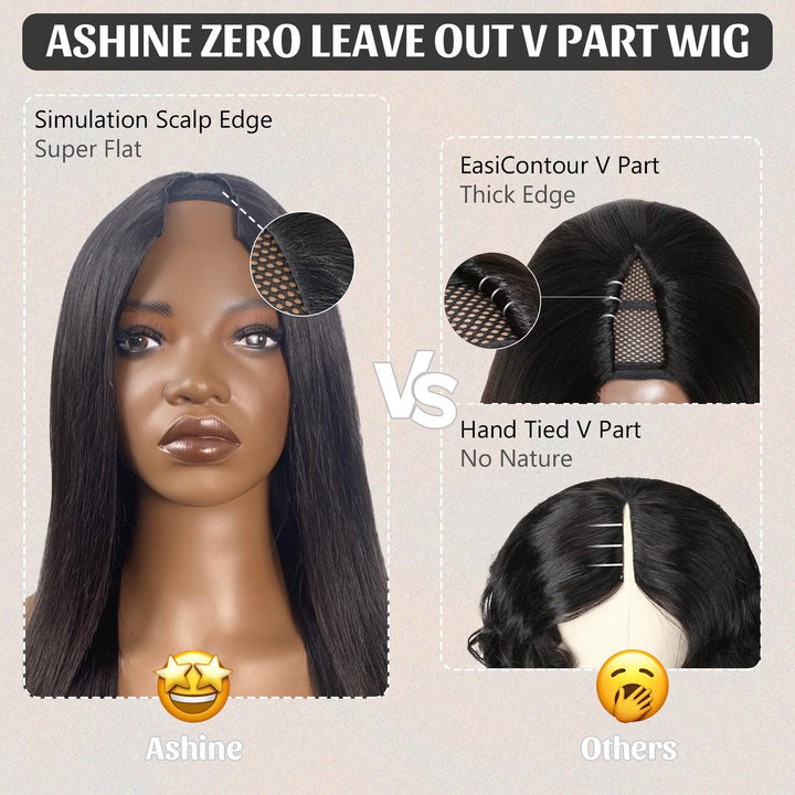 [Ashine] V Part Wigs Straight/Kinky Curly Human Hair Natural Black 150% Density No Leave Out