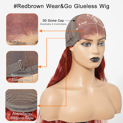 Ashine 24 Inches 5"x5" Body Wavy Wear & Go Glueless #Redbrown Lace Closure Wig-100% Human Hair