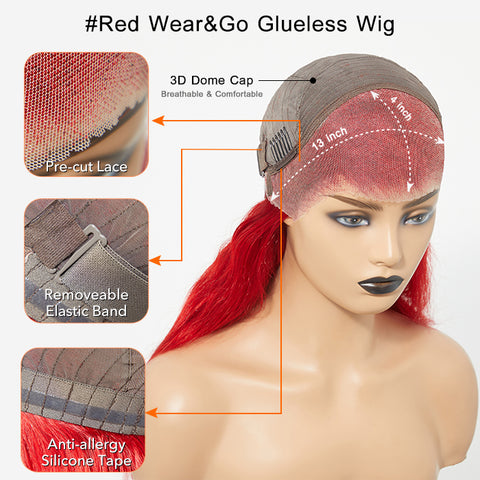 Ashine 24 Inches 13"x4" Body Wavy Wear & Go Glueless #Red Lace Frontal Wig-100% Human Hair