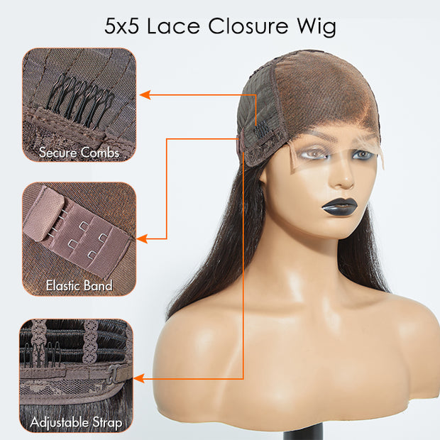 Ashine 5x5 Glueless Lace Closure Bob Wig 150% Density Straight