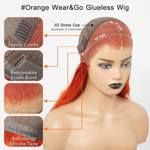 Ashine 24 Inches 13"x4" Body Wavy Wear & Go Glueless #Orange Lace Frontal Wig-100% Human Hair