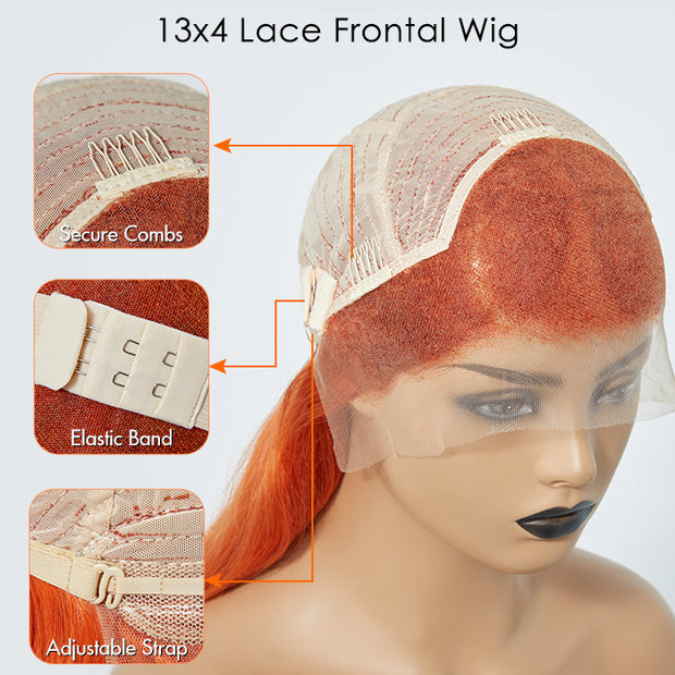 Ashine 24 Inches Ginger 13"x4" Lace Front Body Wavy Wig Pre-Plucked Free Part 150% Density-100% Human Hair
