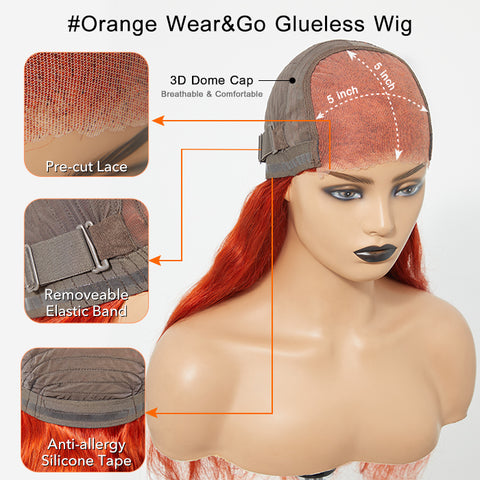 Ashine 24 Inches 5"x5" Body Wavy Wear & Go Glueless #Orange Lace Closure Wig-100% Human Hair