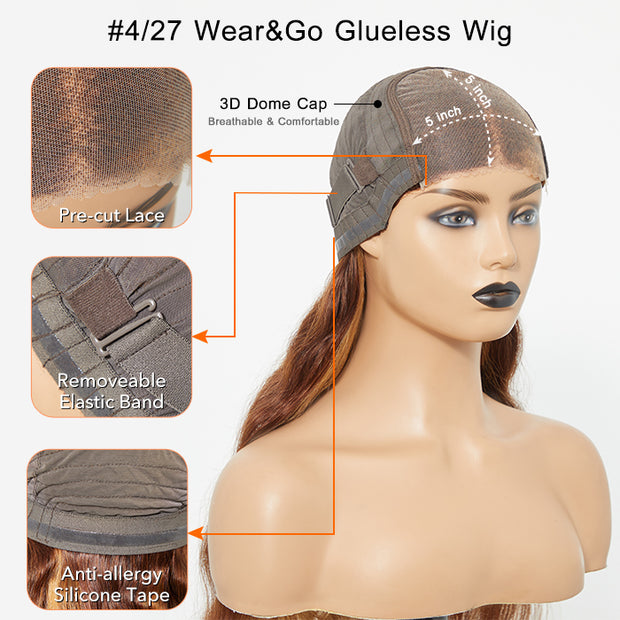 Ashine 24 Inches 5"x5" Body Wavy Wear & Go Glueless #4/27 Lace Closure Wig-100% Human Hair