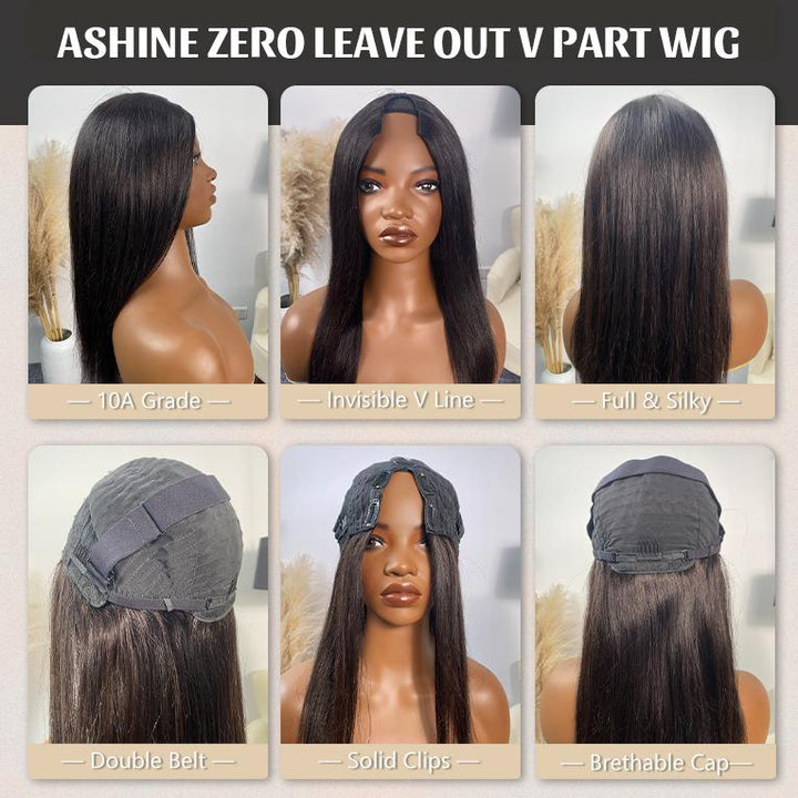 [Ashine] V Part Wigs Straight/Kinky Curly Human Hair Natural Black 150% Density No Leave Out