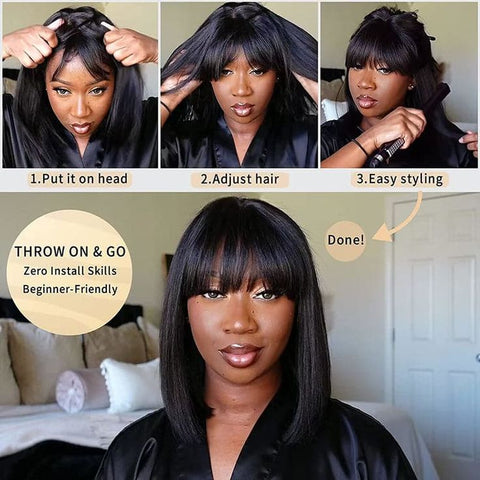 Ashine 12 Inch Realistic Yaki Straight Bob With Bangs 2x1 Minimalist Lace Wig 150% Density