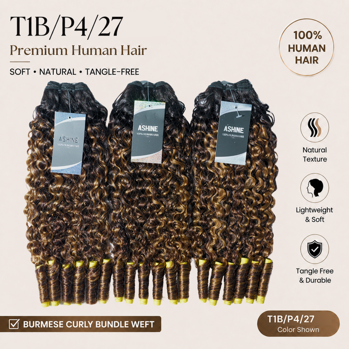 [Ashine] Burmese Curly T1B/P4/27 Virgin Human Hair Bundles Extension 10A
