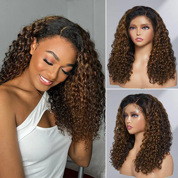 Ashine 16-20 Inches 4C Edges | Kinky Edges Ombre Brown Deep Wave 13x4 Frontal HD Lace Side Part Long Wig-100% Human Hair